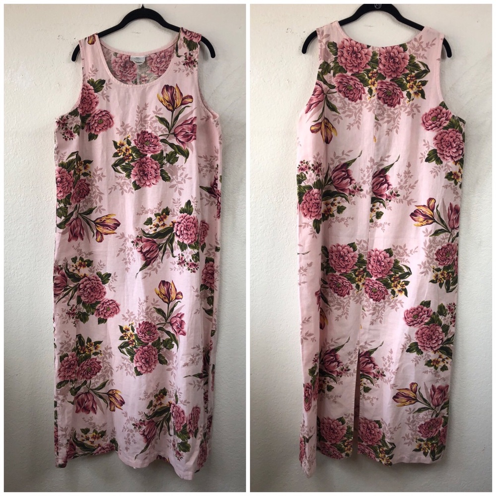 Women’s XL Vintage Hot Cotton USA Linen Sleeveless Pink Floral Maxi Dress